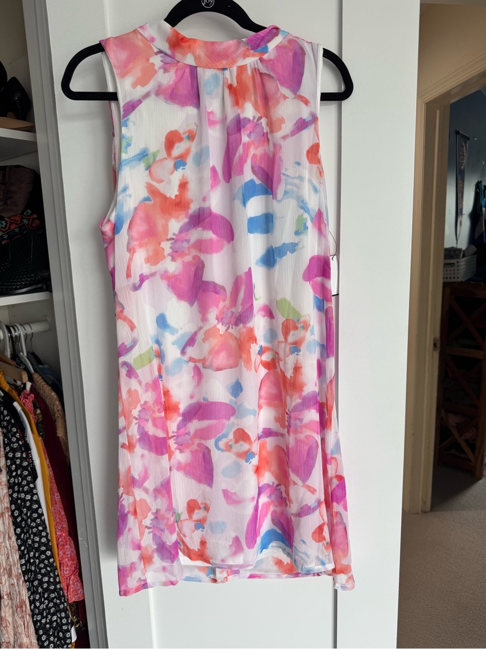 DKNY White Floral Watercolor Shift Dress with Pink and Coral Accents